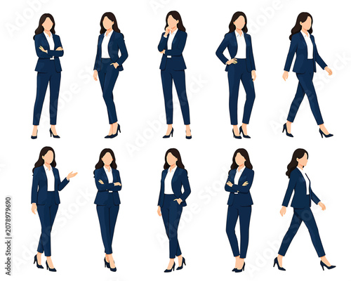 Bild auf Leinwand Business woman character set in navy blue suit showing various poses and gestures for professional corporate presentation use
