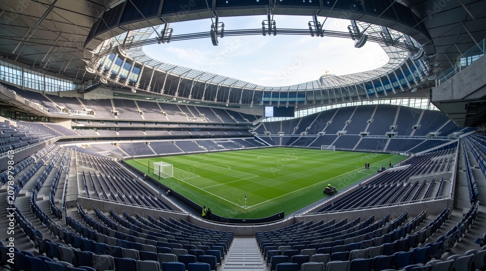 Fototapeta premium Modern Empty Football Stadium with Green Grass Pitch and Tiered Seating Under Open Sky, High-Angle Architectural View of Professional Sports Arena Infrastructure for Match Day