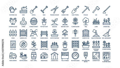 Canvas Print A comprehensive set of gardening tools plants and outdoor garden elements line i