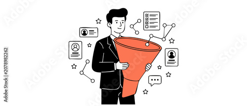 Bild auf Leinwand Sales funnel lead generation businessman holding orange cone for customer acquisition, recruitment, CRM marketing process, business conversion and filtering data