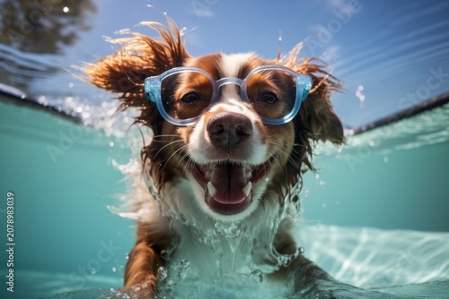 Funny dog at the swimming pool, smiling and wearing goggles