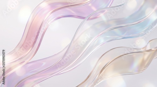 Iridescent flowing ribbons creating abstract pattern, pastel colors with light bokeh background.