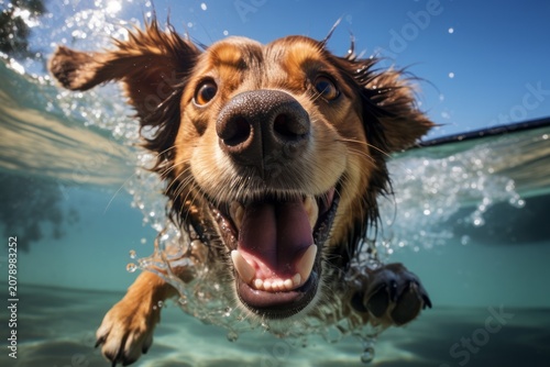 Funny dog at the swimming pool, smiling and wearing goggles