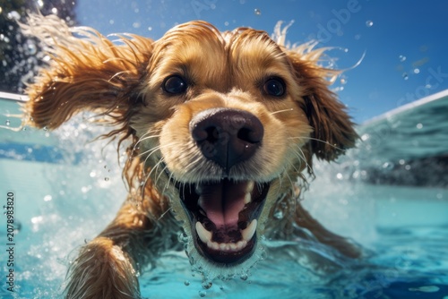 Funny dog at the swimming pool, smiling.