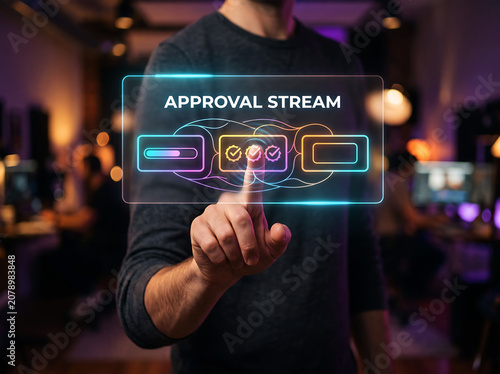 Man using futuristic touch screen displaying approval stream workflow with glowing icons indicating various stages of validation and authorization for professional business documentation.