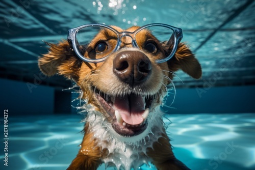 Funny dog at the swimming pool, smiling and wearing goggles