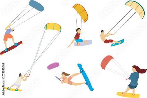 Fotografie Illustrated collection of people engaging in various kiteboarding and landbased