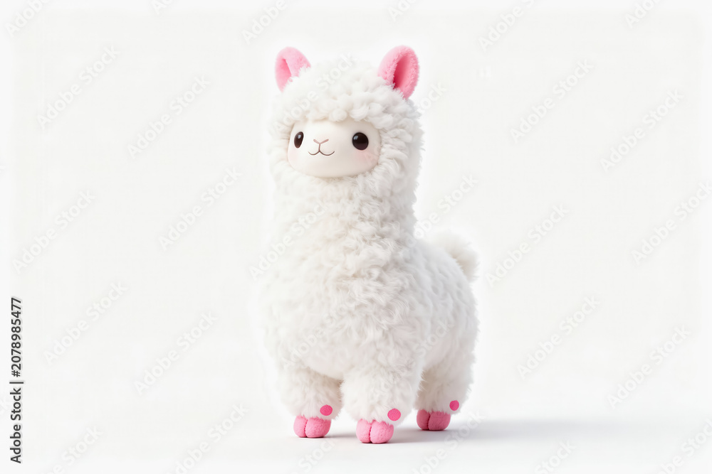 Fototapeta premium A soft, fluffy white alpaca plush toy with pink ears, hooves and accents, set against a plain white background.
