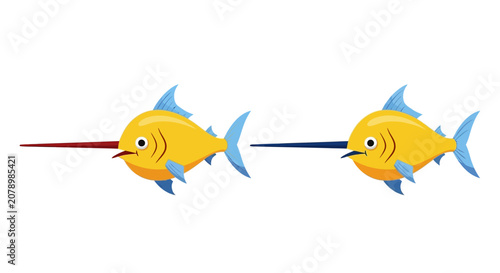 Fotografie Two Yellow Fish with Long Noses, One Red, One Blue, Facing Right