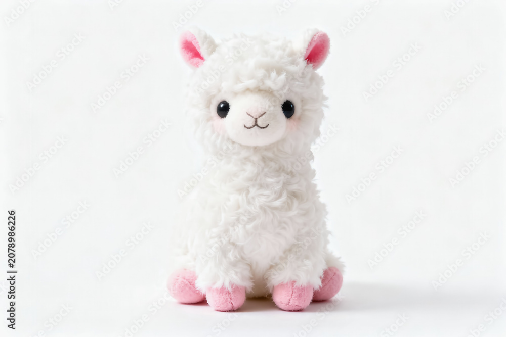Fototapeta premium A soft, white fluffy alpaca plush toy with pink ears and feet, designed as a cute stuffed animal for decoration or play.