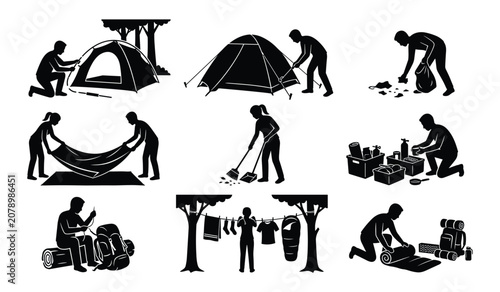 Tableau sur toile Collection of camping icons showing camp setup maintenance and packing activitie
