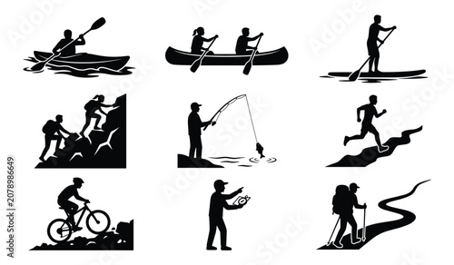 Obraz na płótnie Set of adventure sports icons including kayaking canoeing paddleboarding mountai