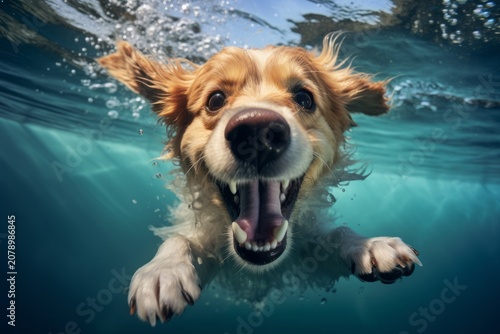 Funny dog at the swimming pool, smiling.
