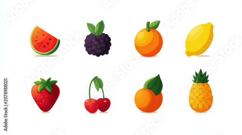 Colorful Tropical Fruit Icons Set on White Background