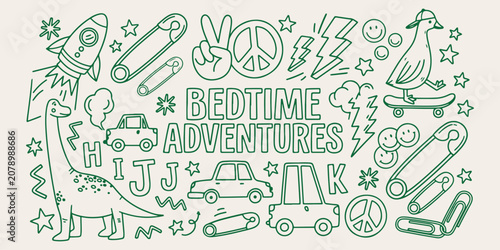 Obraz na plátně whimsical kids adventure pattern, bedtime story theme, cartoon doodle background
