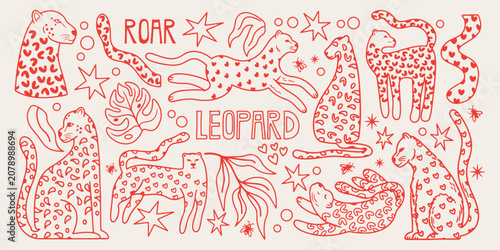 Schilderij op canvas leopard roar jungle wild, fierce leopard animal sketch, wild cat jungle doodle,
