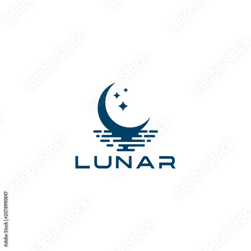 Modern logo featuring a crescent moon above reflective water with sparkling stars in a clean minimalist style. Symbolizing tranquility, night, dreams, and serenity, this elegant vector design