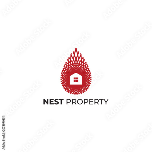 Modern abstract logo featuring a bird nest formed with geometric lines surrounding a house icon. Symbolizing safety, shelter, comfort, and homeownership, this clean vector design is ideal for realty