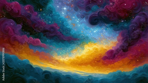Vibrant cosmic sky with swirling clouds and stars