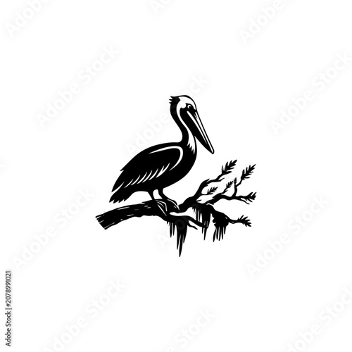 Black silhouette logo featuring a pelican perched on a tree branch with detailed linework. A clean, elegant wildlife emblem suitable for branding, conservation, outdoor businesses