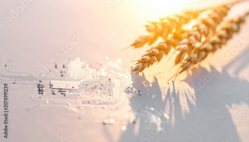 Golden wheat ears overlapping digital circuit board pattern background.