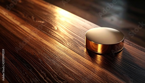 Gold metal cylinder reflecting sunlight on dark wooden surface.