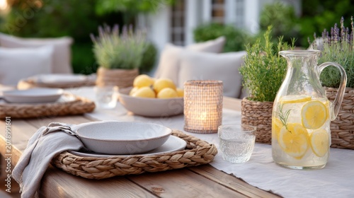 Summer evening patio table with lemonade pitcher woven placemats lantern and linen napkin for outdoor dining scene and cozy entertaining banner background