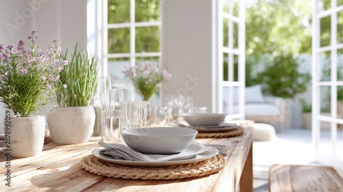 Summer table setting with woven placemat and ceramic bowl by open french doors to garden for bright dining background and boho cottagecore styling