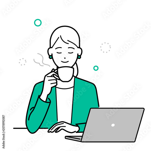 ビジネススーツ姿の女性が優雅にコーヒーを飲んでいるシンプルな上半身ベクターイラスト
