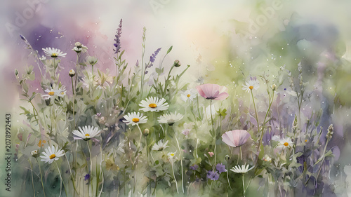 Loose and airy watercolor painting of a wildflower field with vibrant splashes and gentle gradients