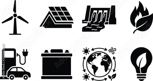 Fotografie Renewable energy and green technology black silhouette icons set featuring wind