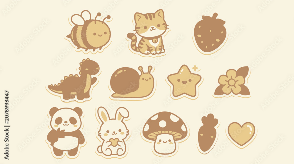 Fototapeta premium Earthy tone kawaii animal and plant sticker set