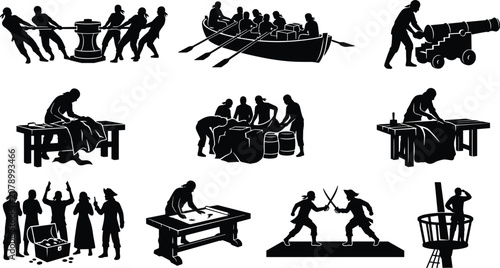 Foto Pirate and sailor crew silhouette icon set including sword fighting treasure map