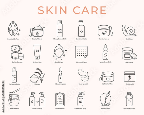 K-Beauty Skin Care Outline Icons Set. Korean Skincare, Glass Skin, Snail Mucin, Cica, Essence, Ampoule, Sheet Mask Vector Line Icons