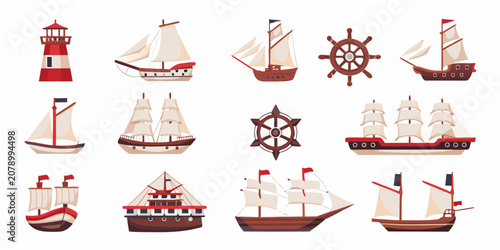 Foto Sailing ships and lighthouse flat vector illustration on a white background