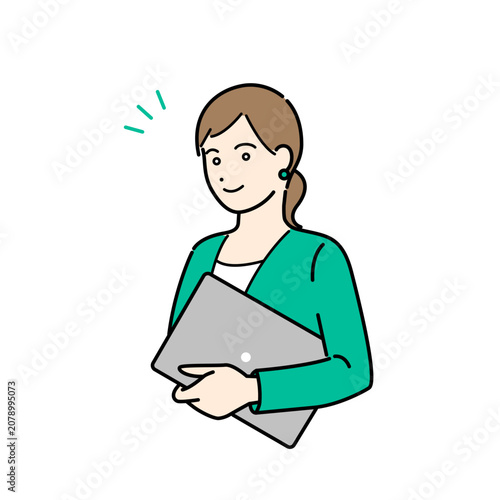 PCを抱えてビジネススーツを着た女性のシンプルな上半身ベクターイラスト