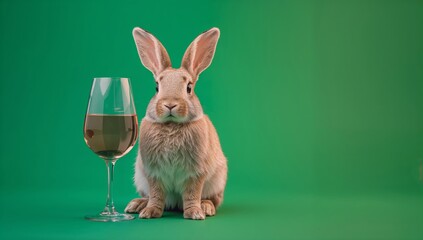 Rabbit sitting beside a glass of white wine on a green background, showcasing a playful and whimsical scene with a cute animal and beverage