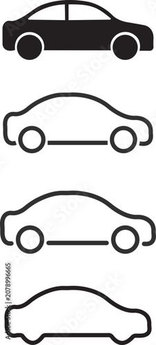 Car vehicle automobile sedan icons set. Transport drive auto side view symbol collection. Black filled, outline stroke flat vector.