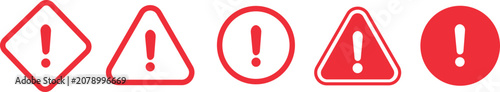 Warning alert caution icons set. Danger exclamation mark triangle, diamond, circle sign symbol collection. Red outline, filled flat vector.
