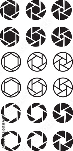 Camera shutter aperture lens icons set. Photography diaphragm blade circle symbol collection. Black filled, outline flat vector.