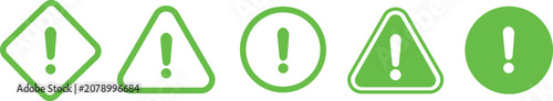 Warning alert caution icons set. Danger exclamation mark triangle, diamond, circle sign symbol collection. Green outline, filled flat vector.