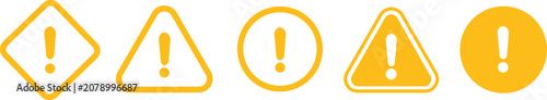Warning alert caution icons set. Danger exclamation mark triangle, diamond, circle sign symbol collection. Yellow orange outline, filled flat vector.