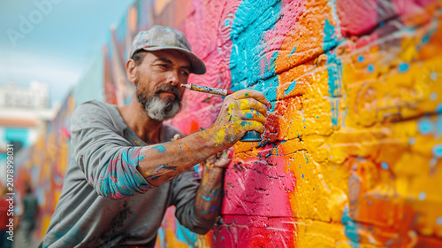 Graffiti artist painting colorful mural on a brick wall.