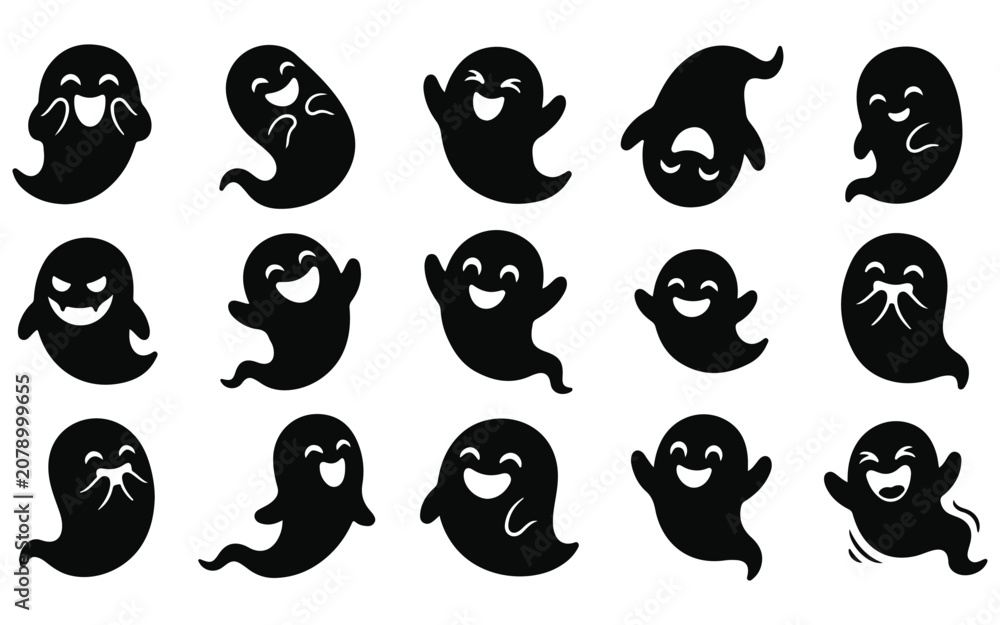 Fototapeta premium Cute halloween vector ghosts collection spooky silhouettes for festive designs and holiday graphics