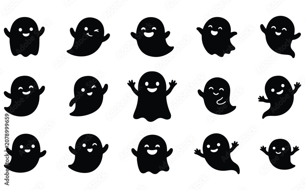 Fototapeta premium Cute halloween vector ghost characters set spooky friendly isolated graphics