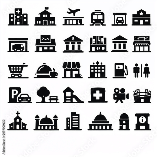 Public Places and Urban Facilities Glyph Icon Set Isolated on White Background