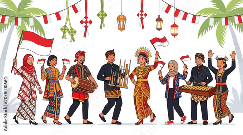 A vibrant illustration showcases a diverse group of Indonesian people in traditional attire, proudly celebrating their rich cultural heritage and national unity.