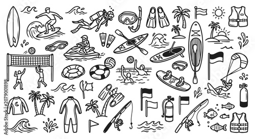 Photography Hand drawn summer water sports icons, black and white doodle vector set of beach