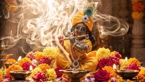 Lord krishna idol playing flute amidst swirling incense smoke and colorful flowers in a warm golden temple.