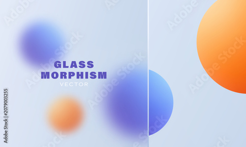 Glassmorphism banner with blue and orange blurred spheres on light background